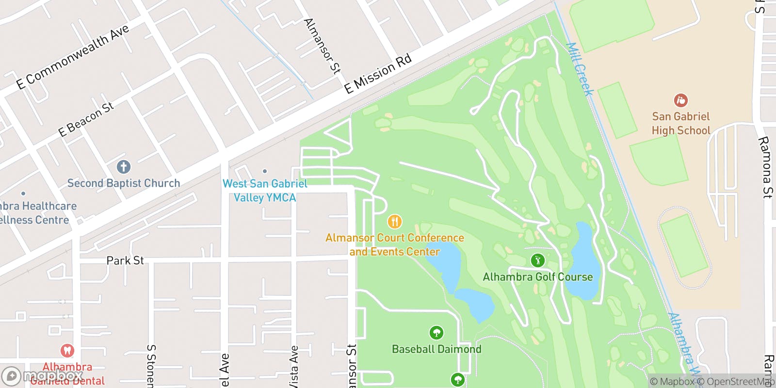 Street map of Alhambra Golf Course and its local surroundings.