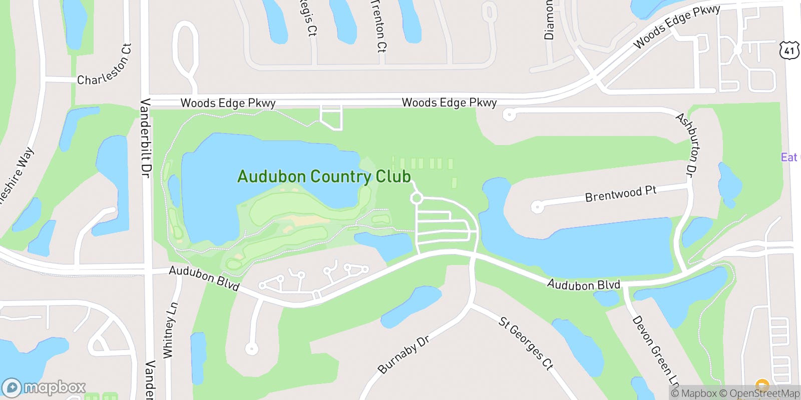 Street map of Audubon Country Club and its local surroundings.