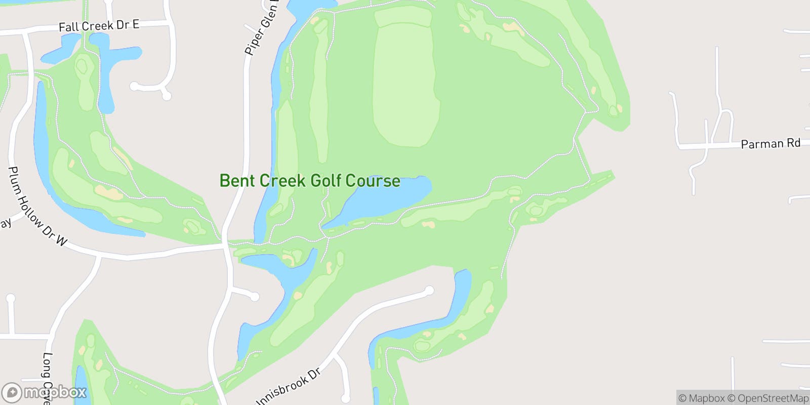 Street map of Bent Creek Golf Course and its local surroundings.