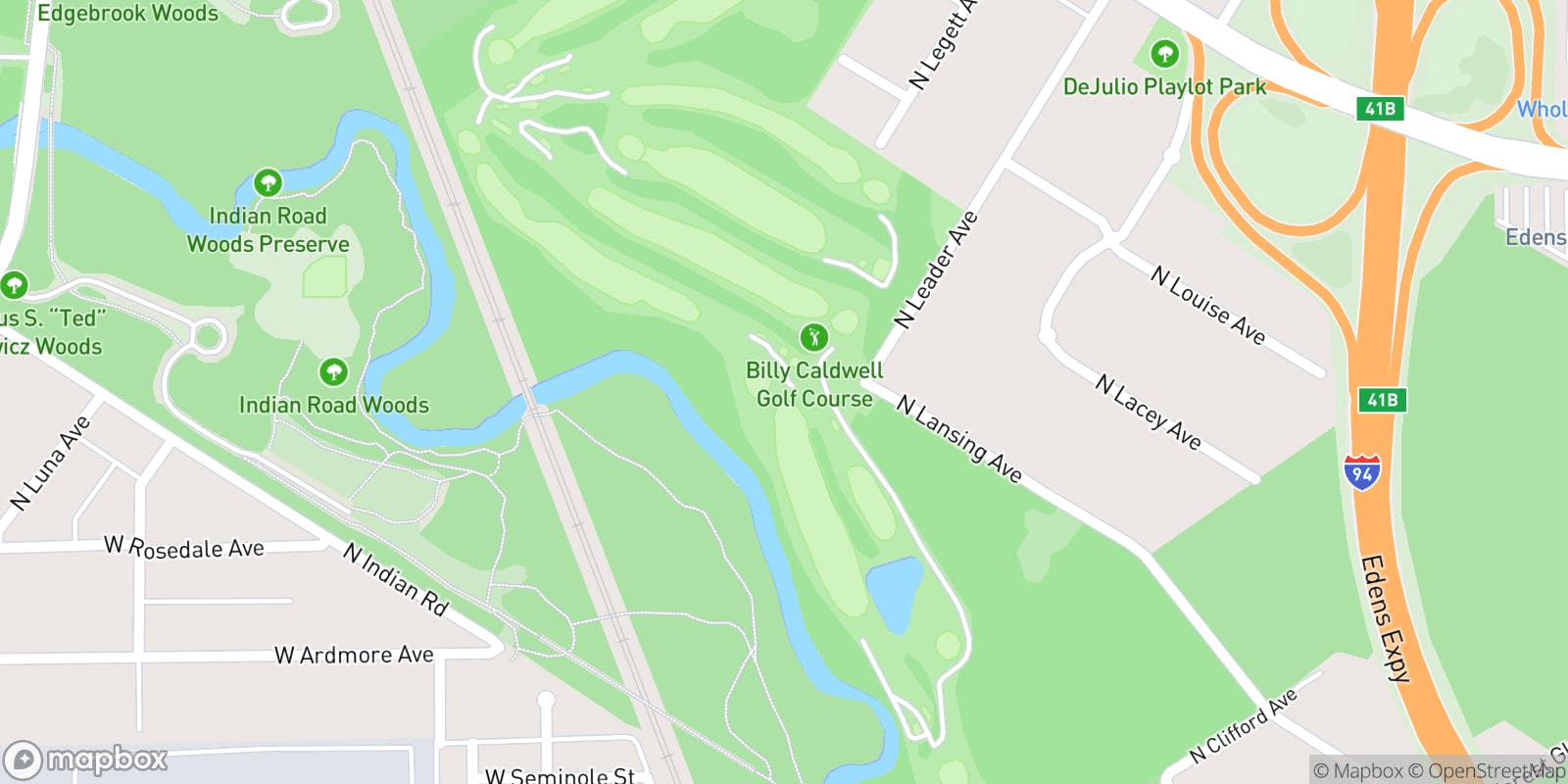 Street map of Billy Caldwell Golf Course and its local surroundings.