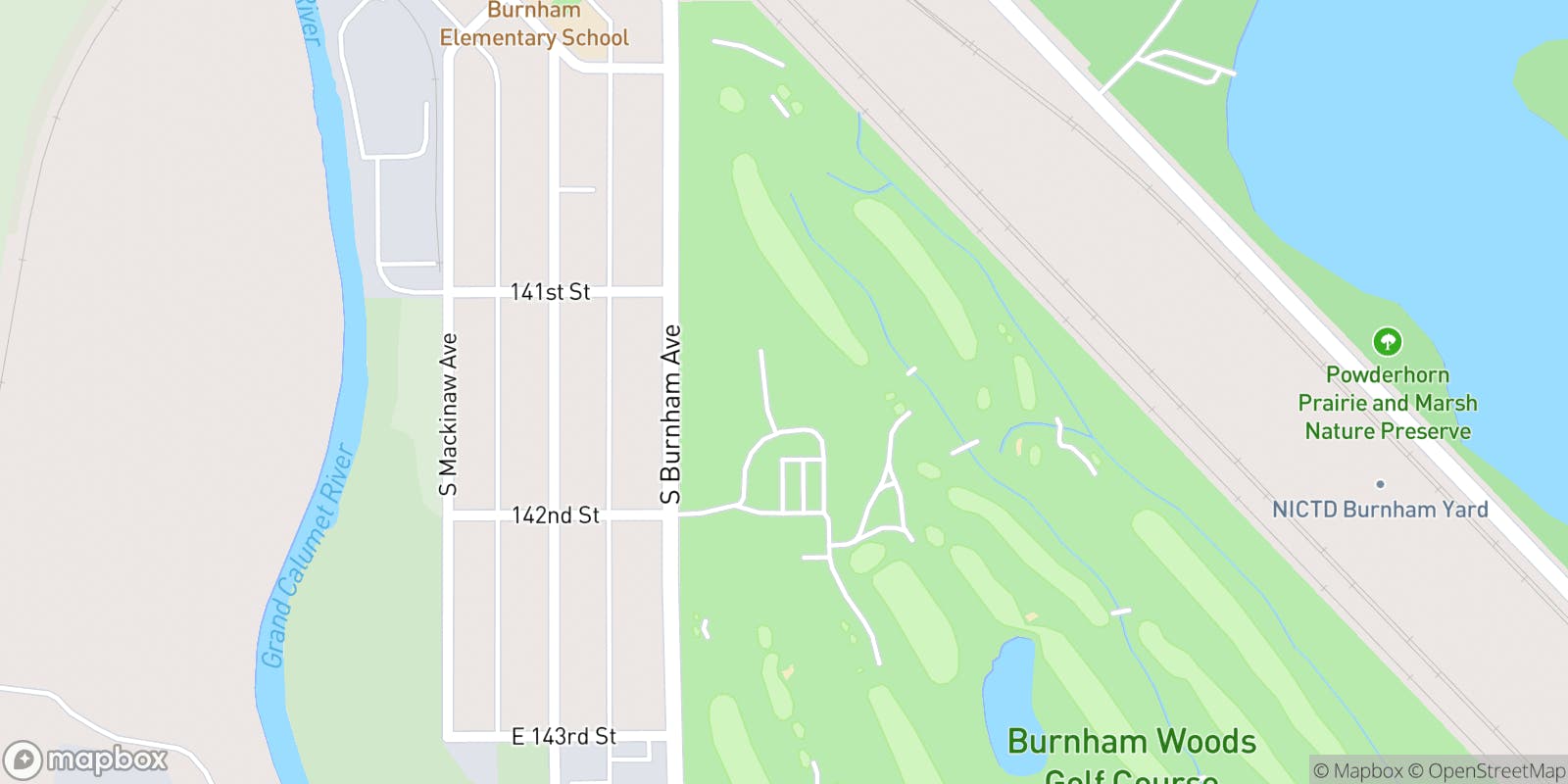 Street map of Burnham Woods Golf Course and its local surroundings.