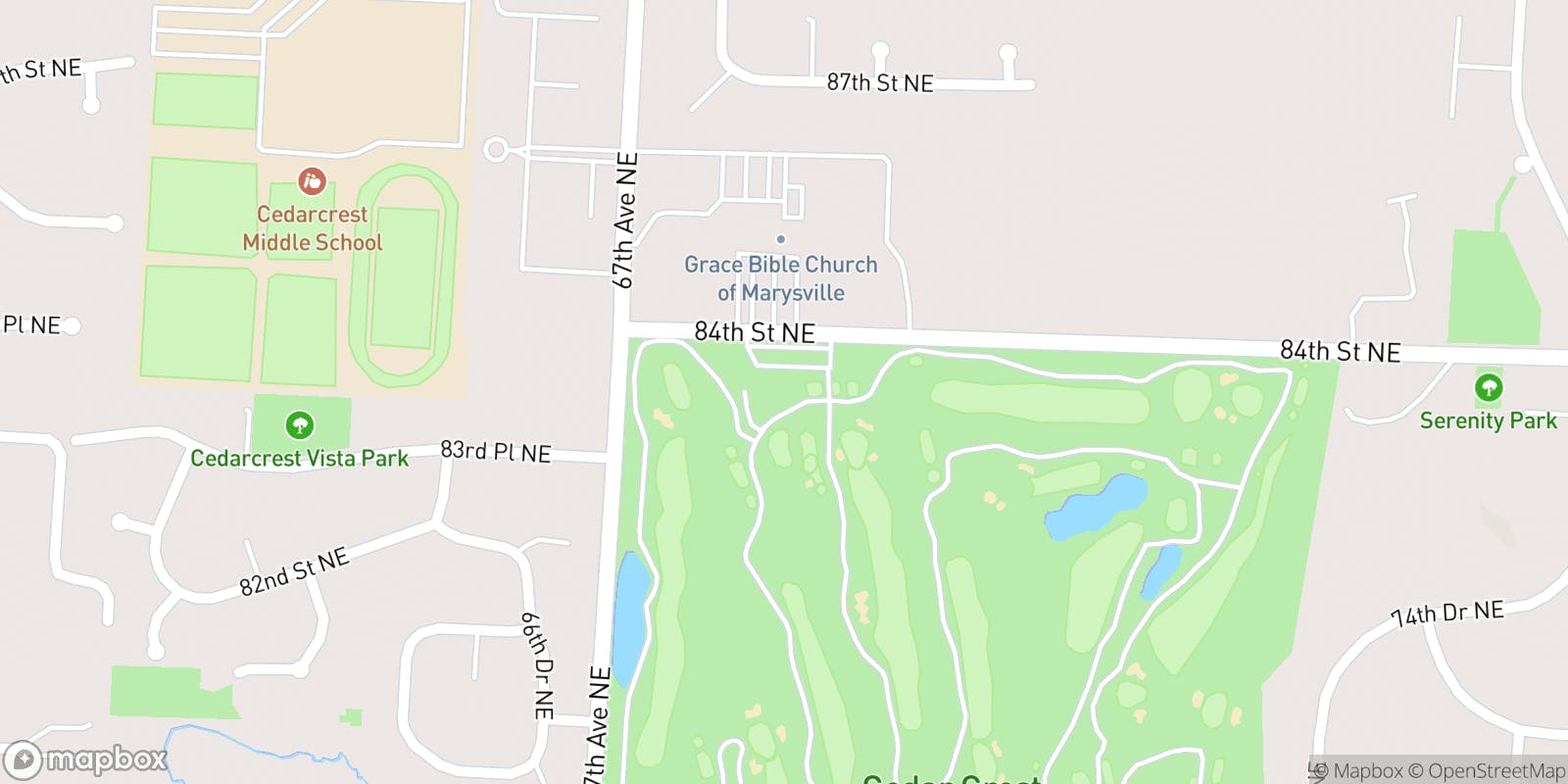 Street map of Cedarcrest Golf Course and its local surroundings.