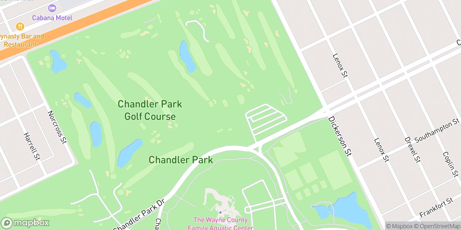 Street map of Chandler Park Golf Course and its local surroundings.