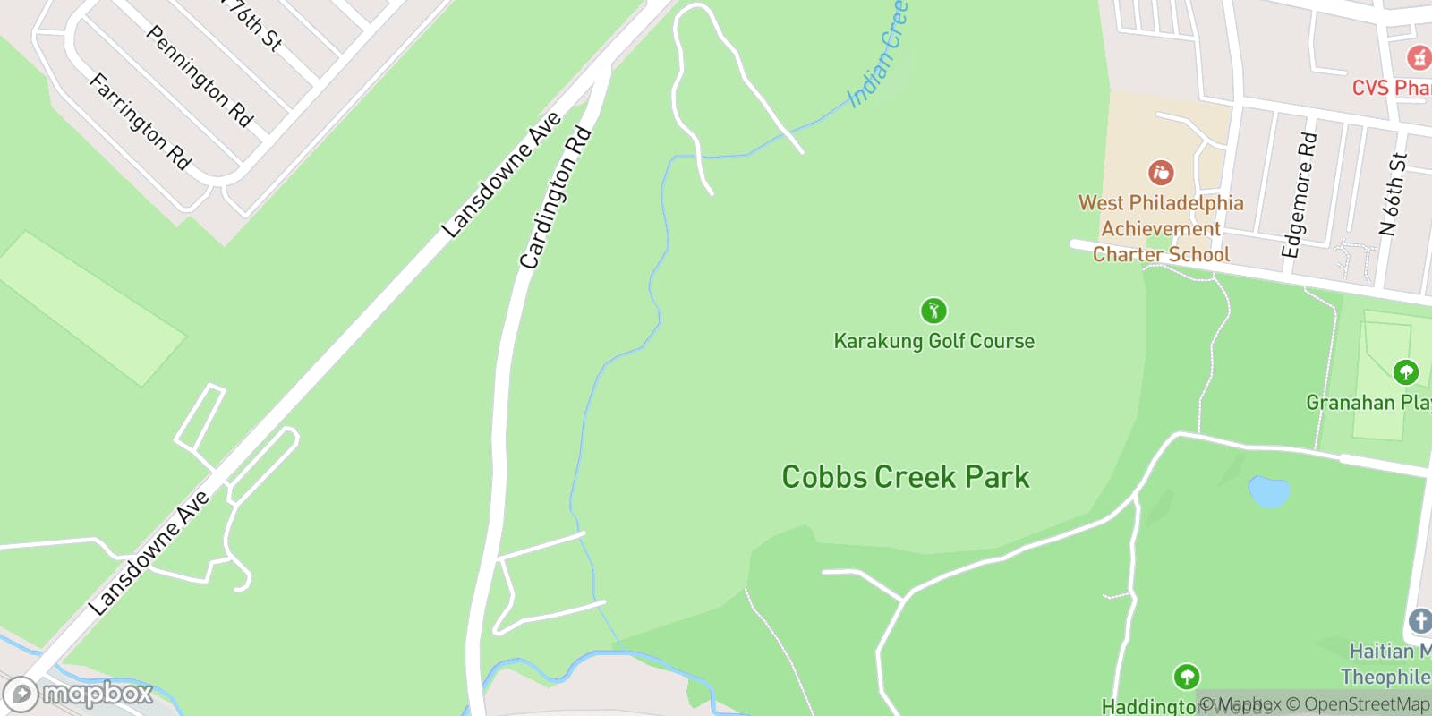 Street map of Cobbs Creek Golf Course  and its local surroundings.