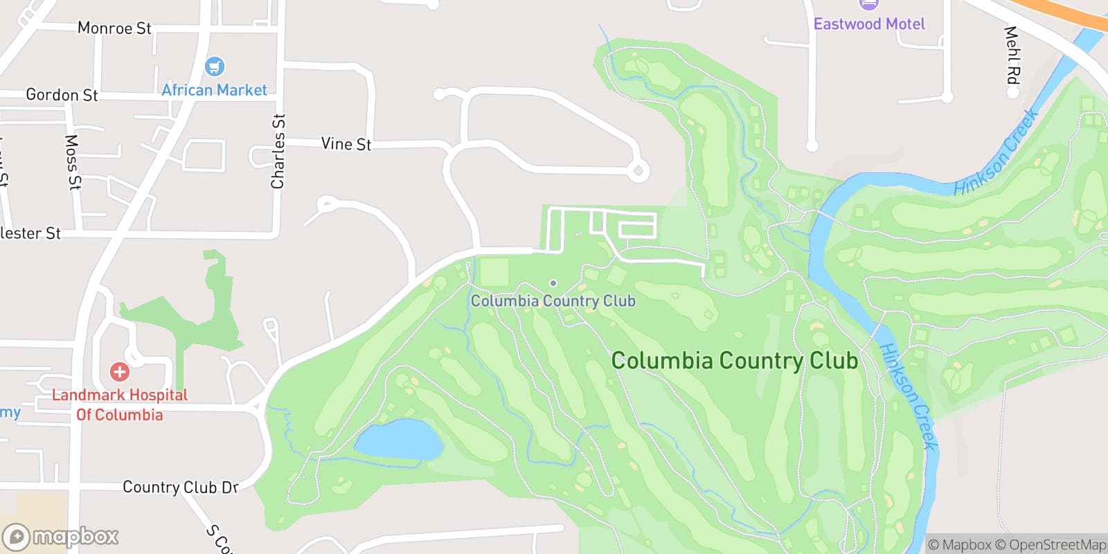 Street map of Columbia Country Club and its local surroundings.