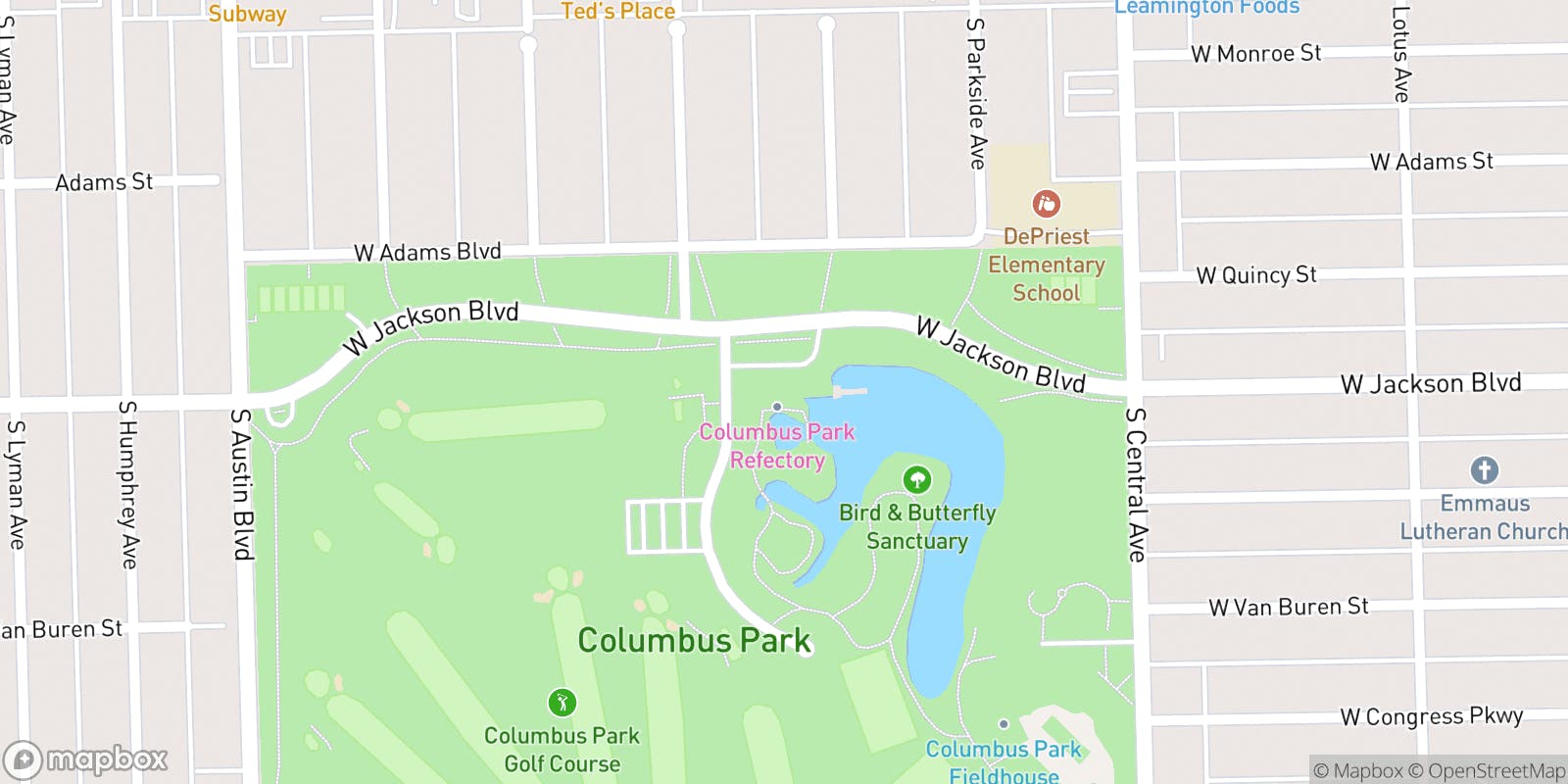 Street map of Columbus Park Golf Course and its local surroundings.