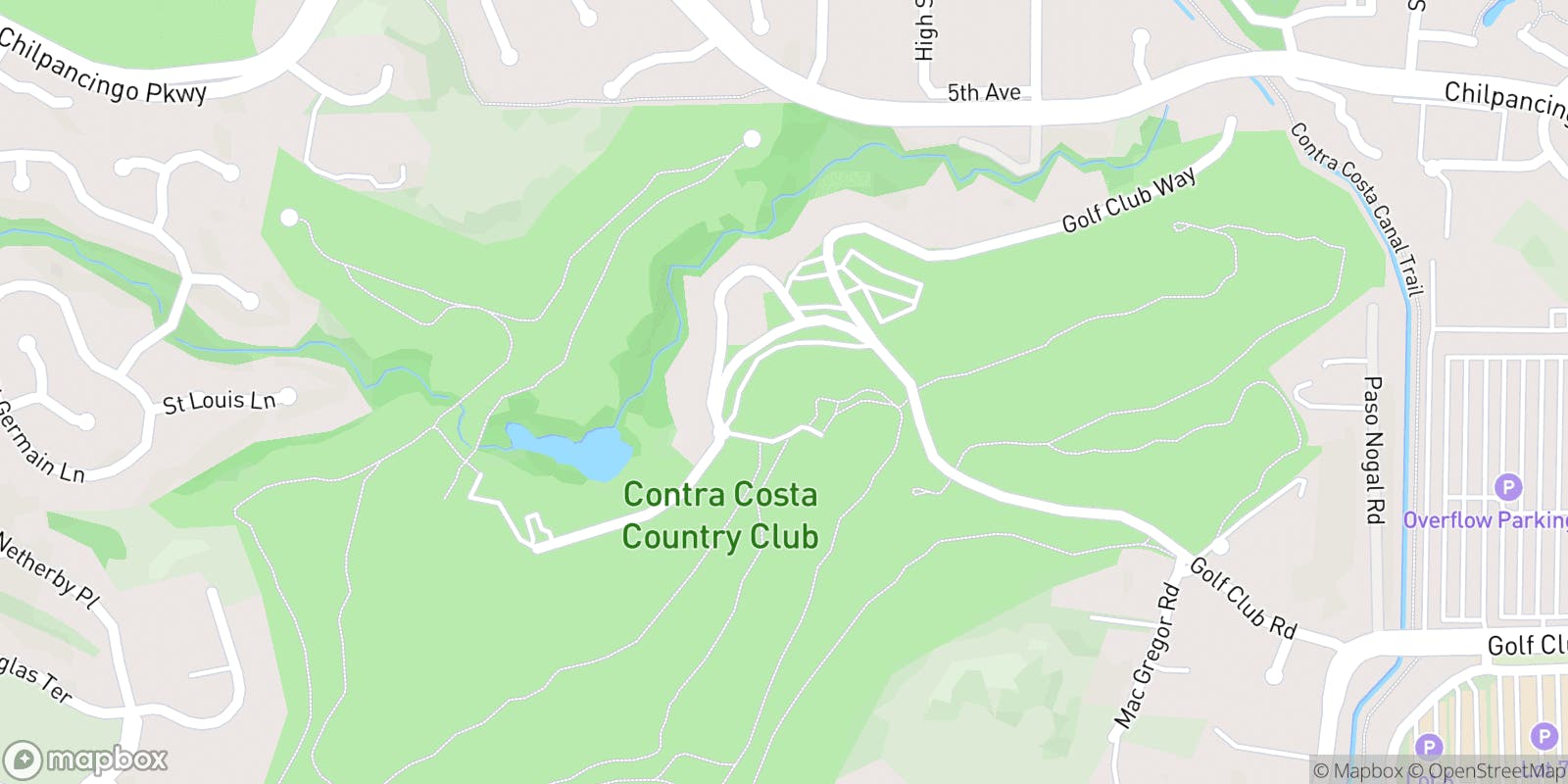 Street map of Contra Costa Country Club and its local surroundings.