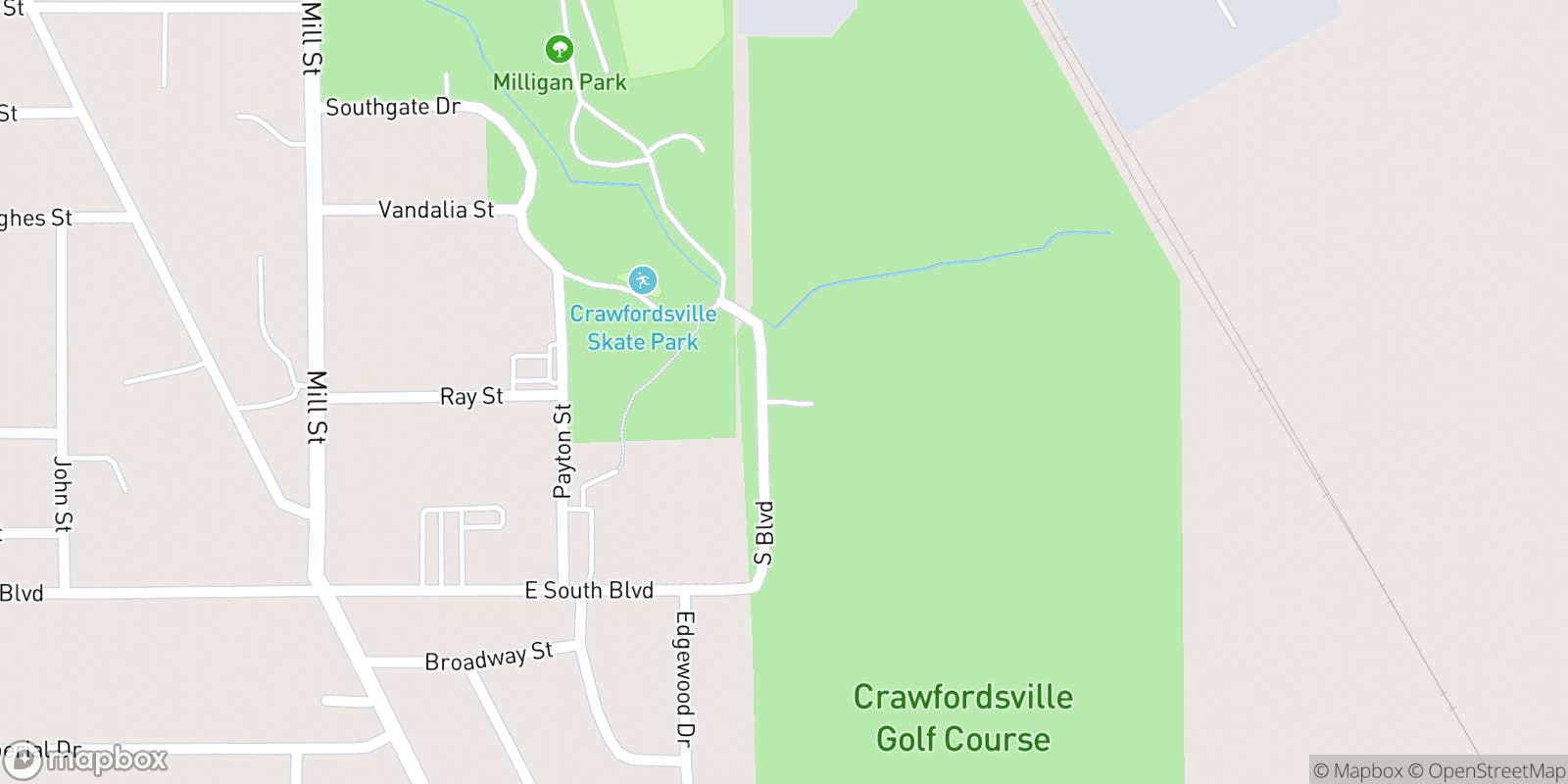 Street map of Crawfordsville Municipal Golf Course and its local surroundings.