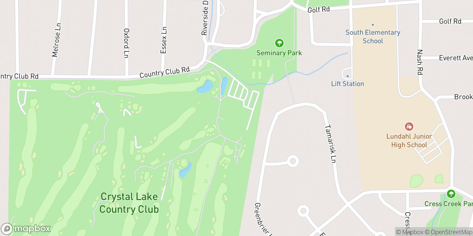 Street map of Crystal Lake Country Club and its local surroundings.