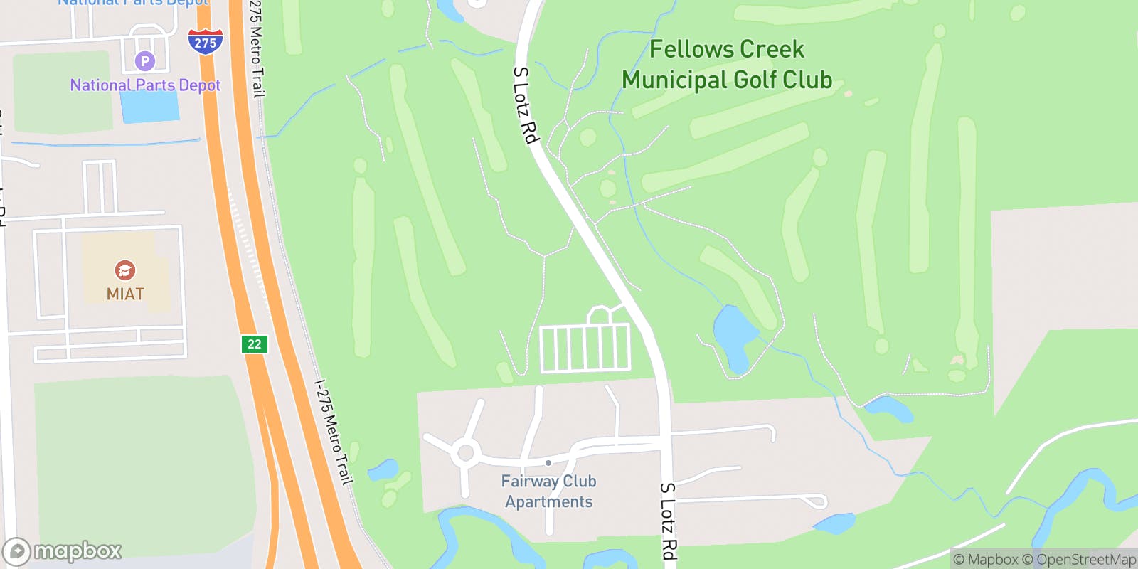 Street map of Fellows Creek Golf Course and its local surroundings.