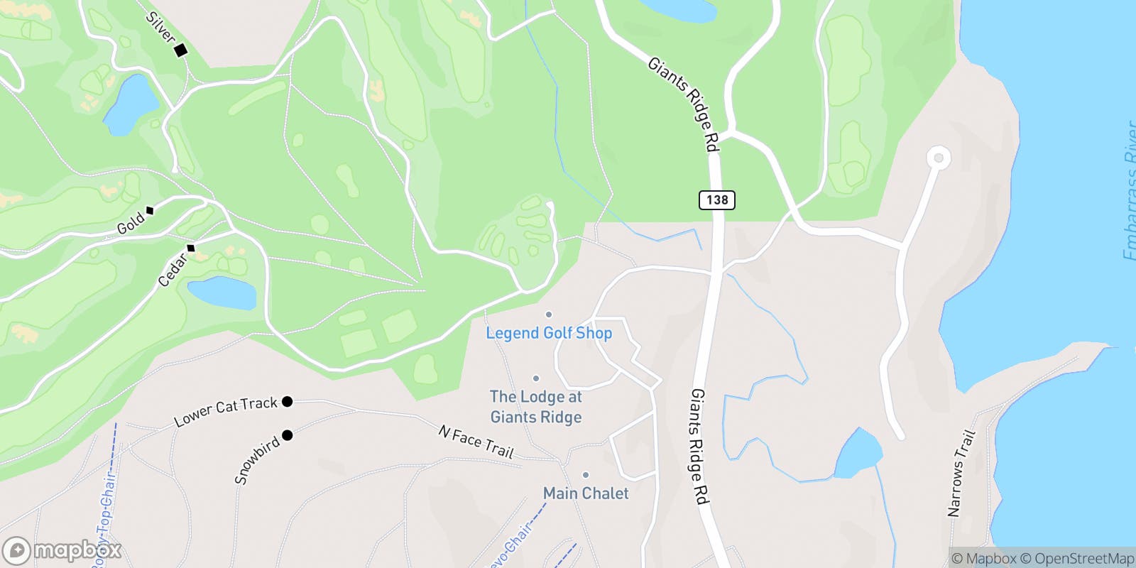 Street map of Giants Ridge Golf & Ski Resort and its local surroundings.