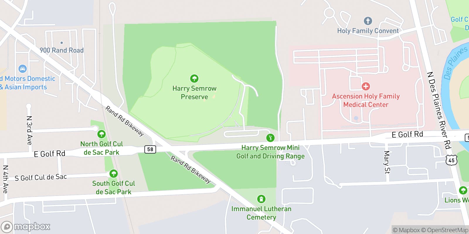 Street map of Harry Semrow Driving Range and its local surroundings.