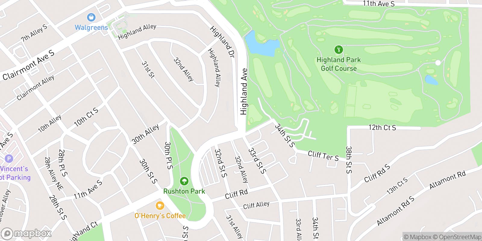 Street map of Highland Park Golf Course and its local surroundings.