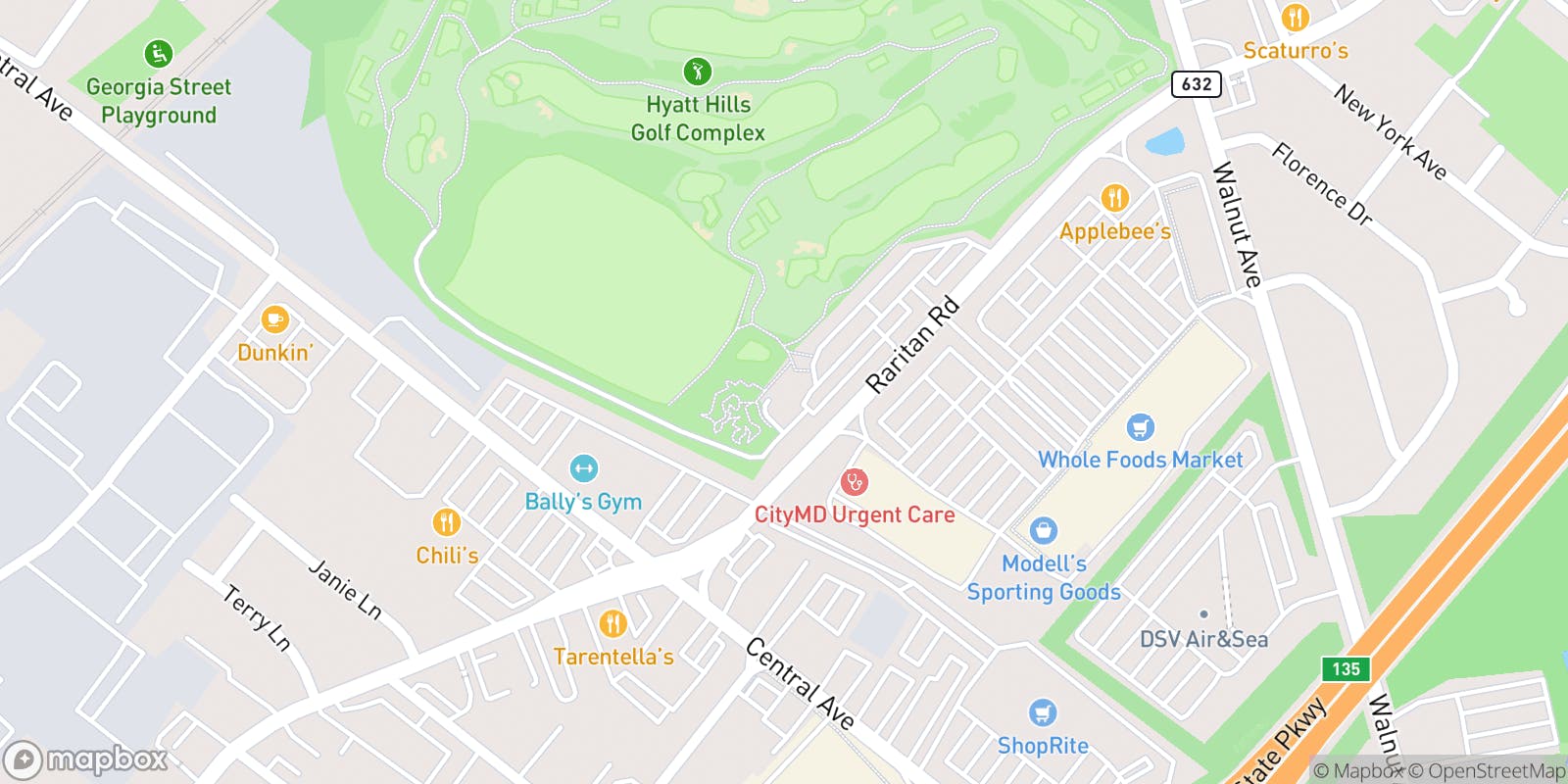 Street map of Hyatt Hills Golf Complex and its local surroundings.