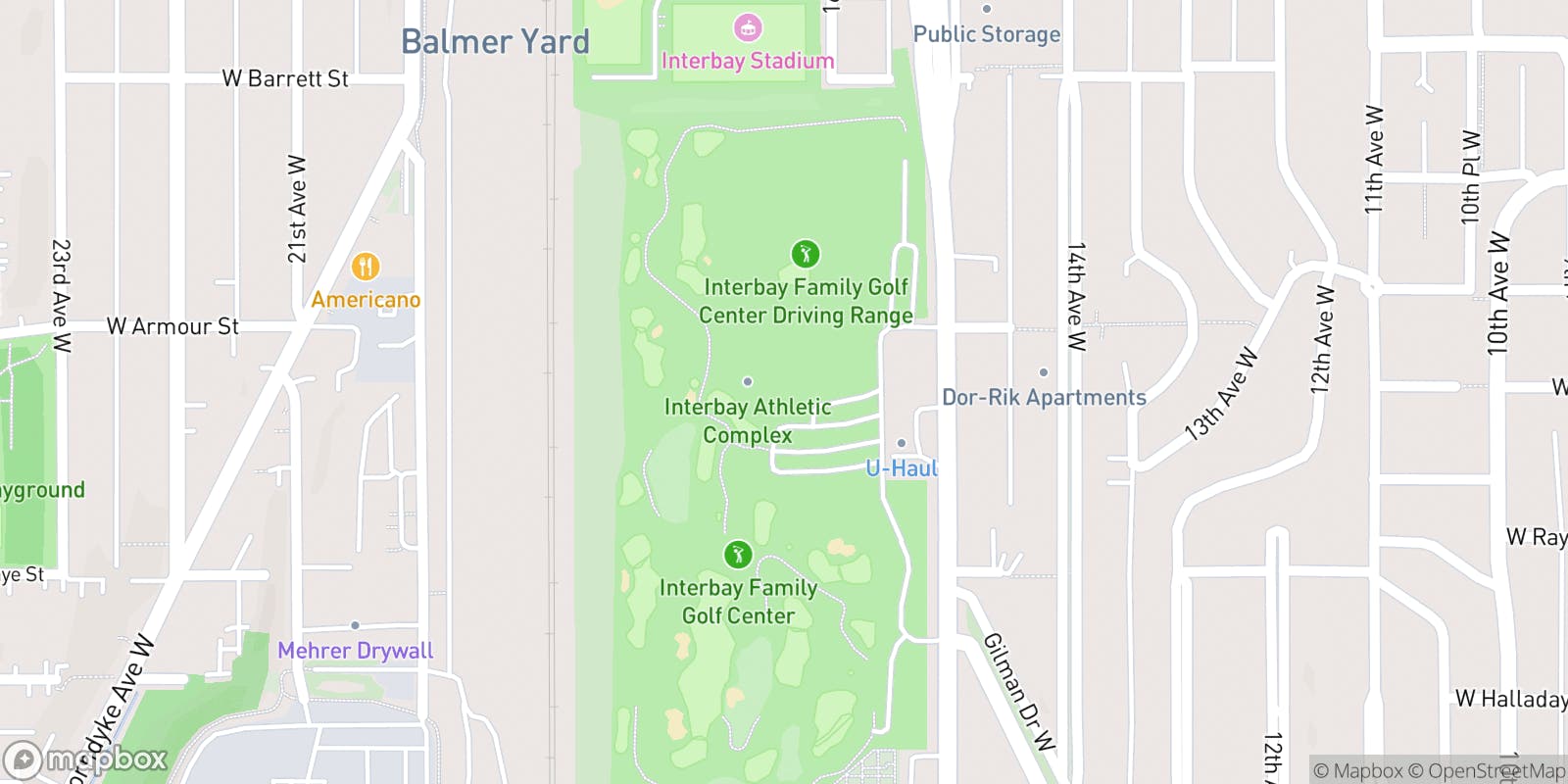 Street map of Interbay Golf Center and its local surroundings.