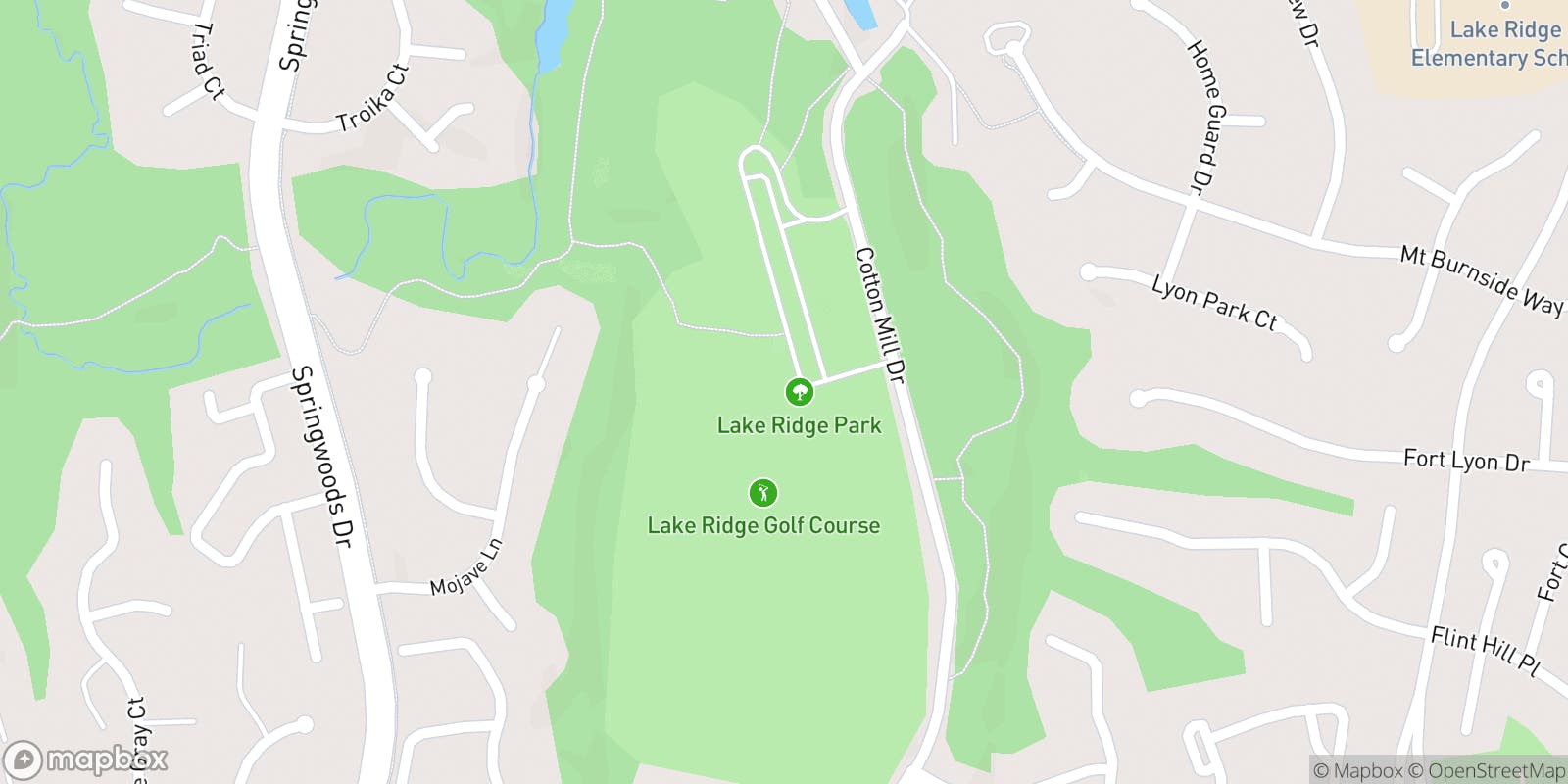 Street map of Lake Ridge Golf Course and its local surroundings.