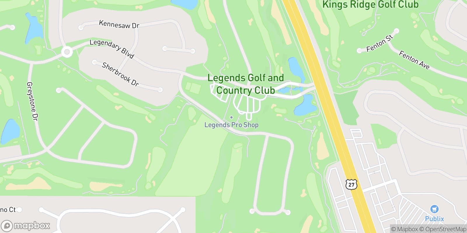 Street map of Legends Golf & Country Club and its local surroundings.