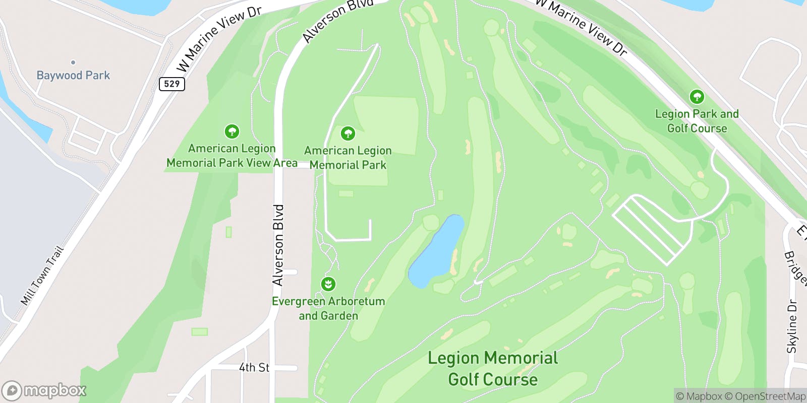 Street map of Legion Memorial Golf Course and its local surroundings.