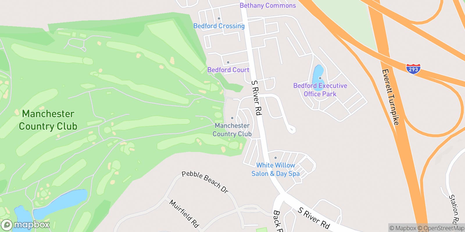 Street map of Manchester Country Club and its local surroundings.