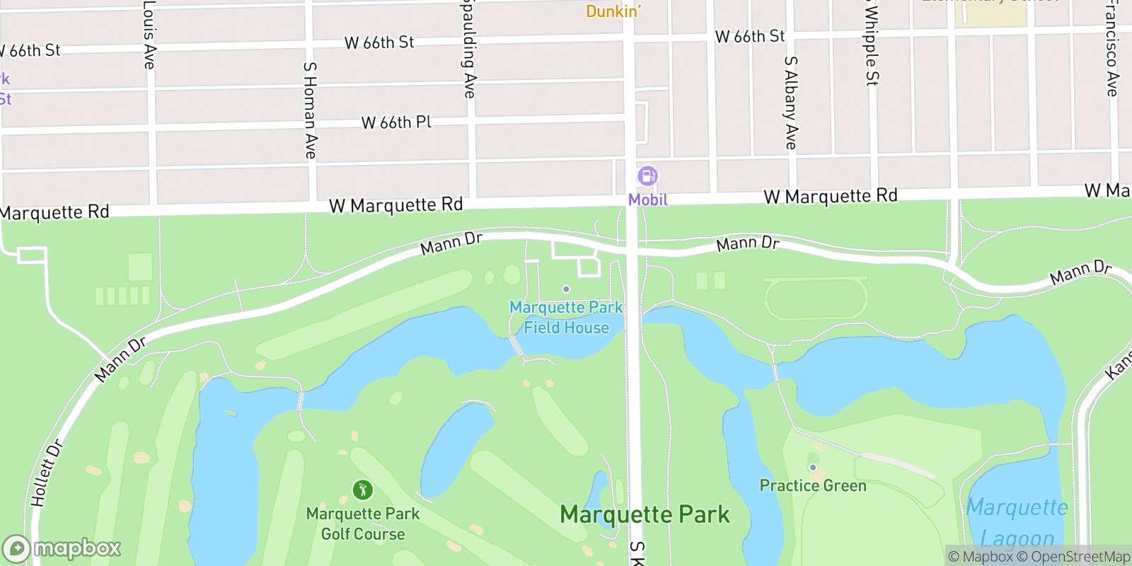 Street map of Marquette Park Golf Course and its local surroundings.