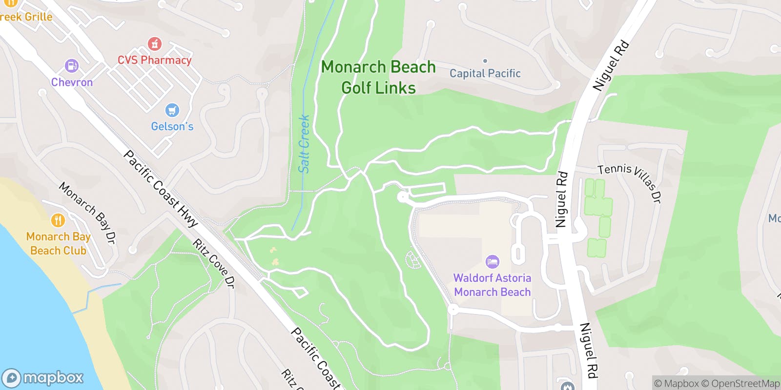 Street map of Monarch Beach Golf Links and its local surroundings.