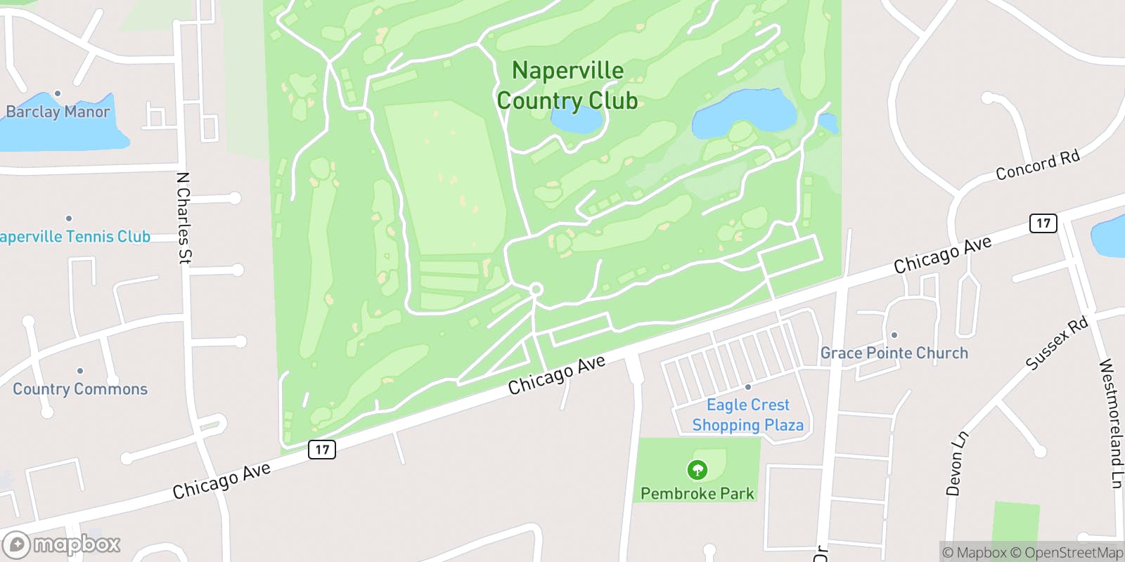 Street map of Naperville Country Club and its local surroundings.