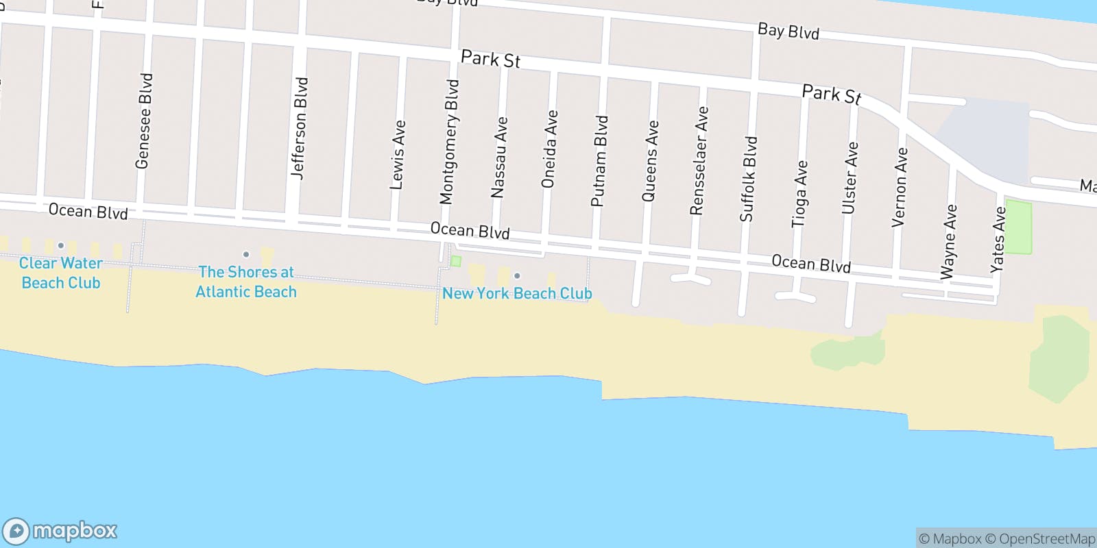 Street map of New York Beach Club and its local surroundings.