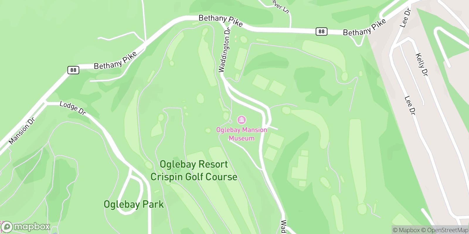 Street map of Oglebay Golf Courses and its local surroundings.