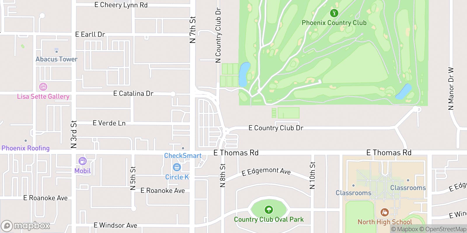 Street map of Phoenix Country Club and its local surroundings.