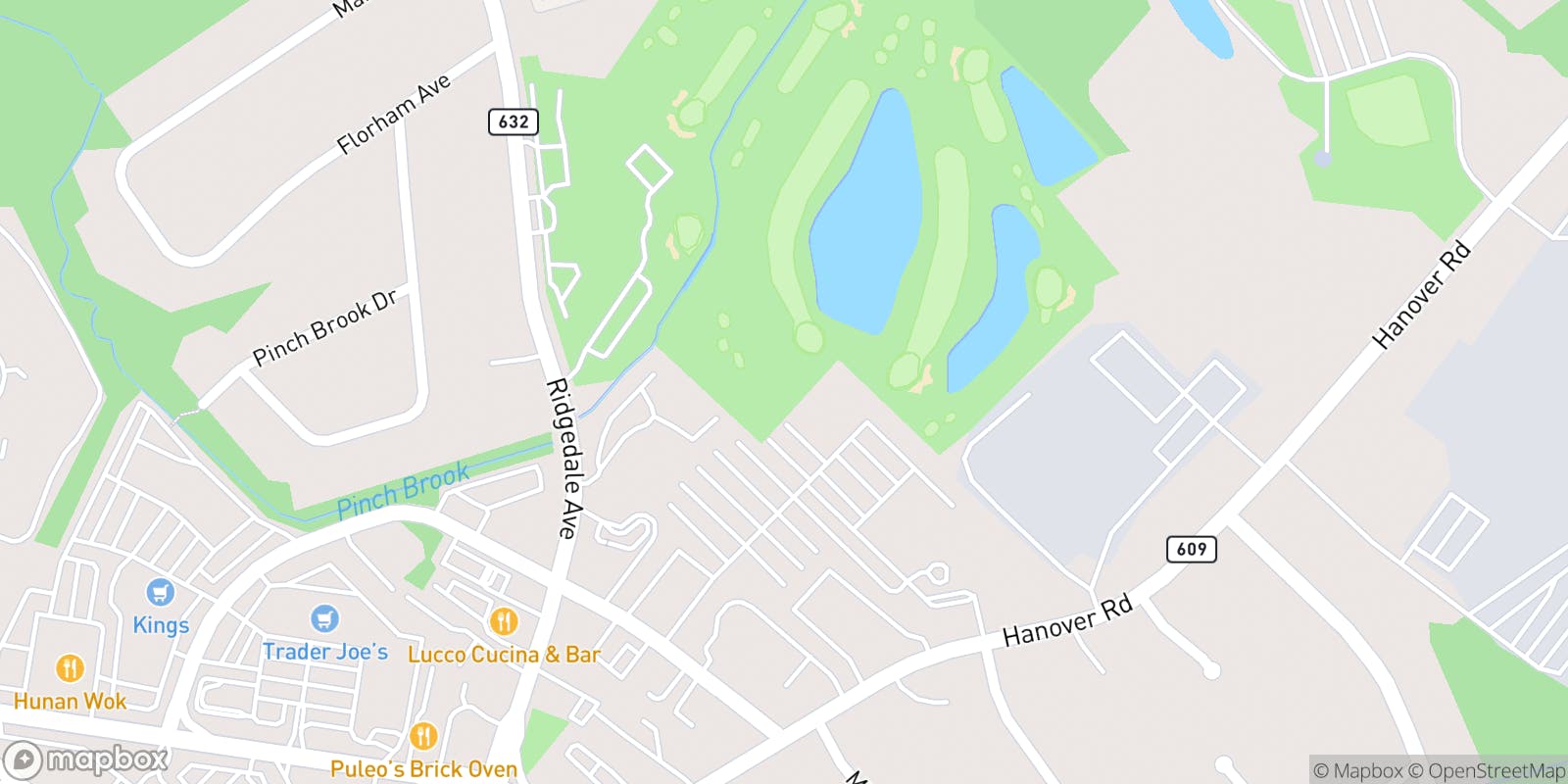 Street map of Pinch Brook Golf Course and its local surroundings.