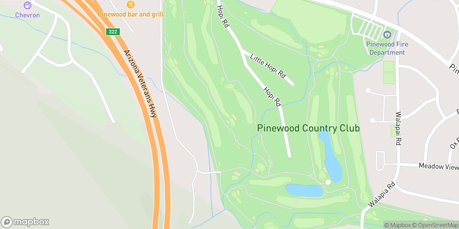 Street map of Pinewood Country Club and its local surroundings.