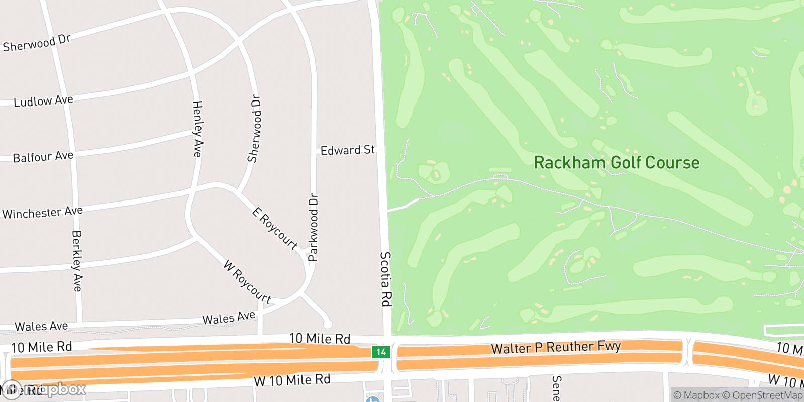 Street map of Rackham Golf Course and its local surroundings.