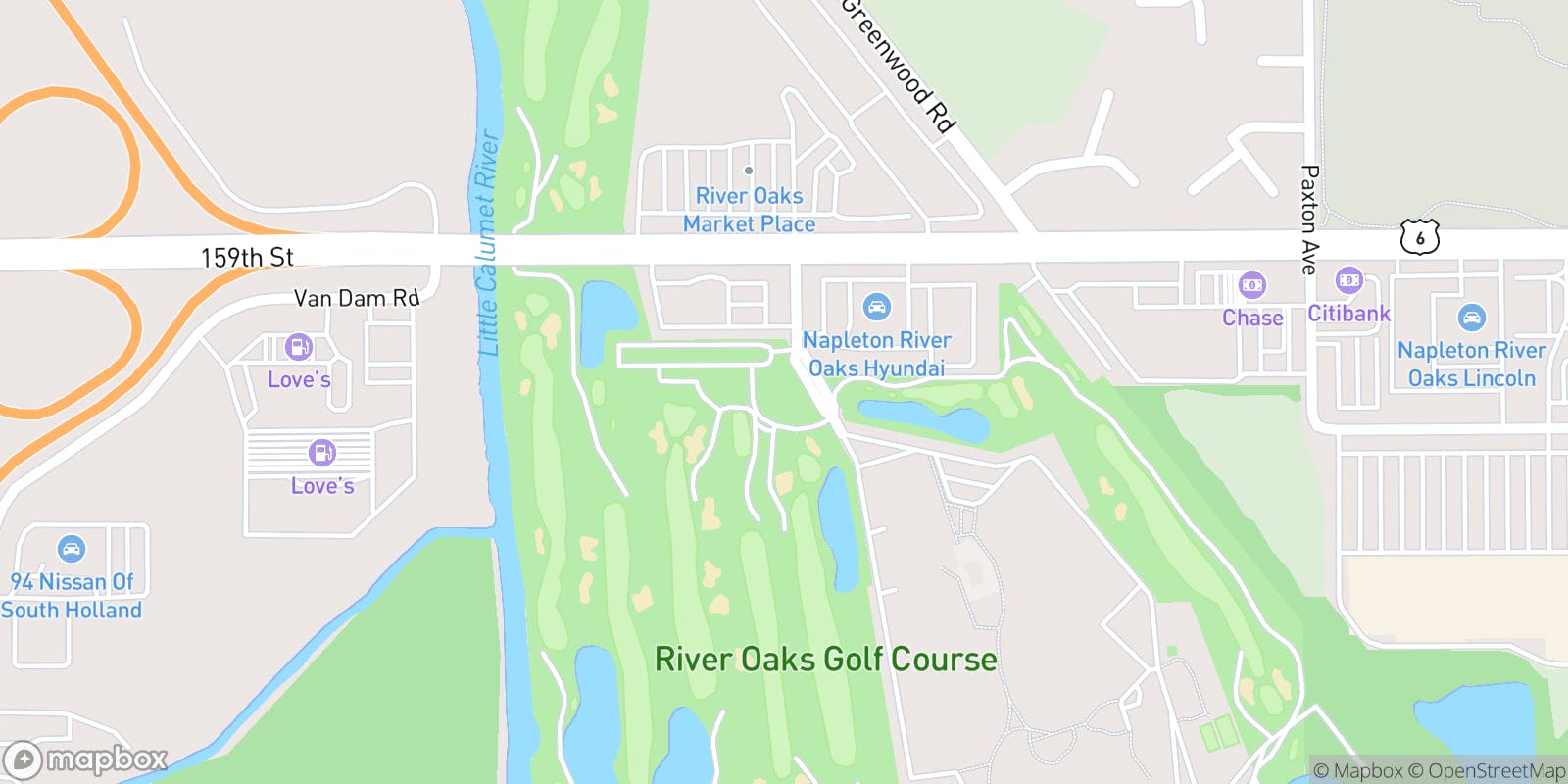 Street map of River Oaks Golf Course and its local surroundings.