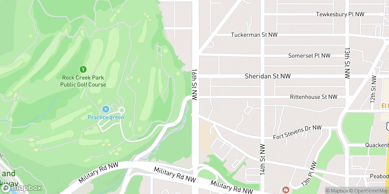 Street map of Rock Creek Park Golf Course and its local surroundings.