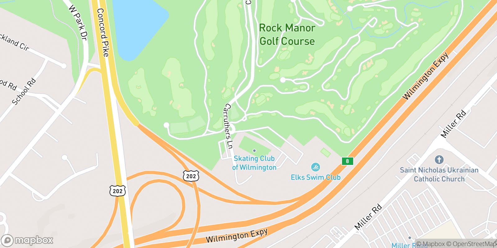 Street map of Rock Manor Golf Course and its local surroundings.