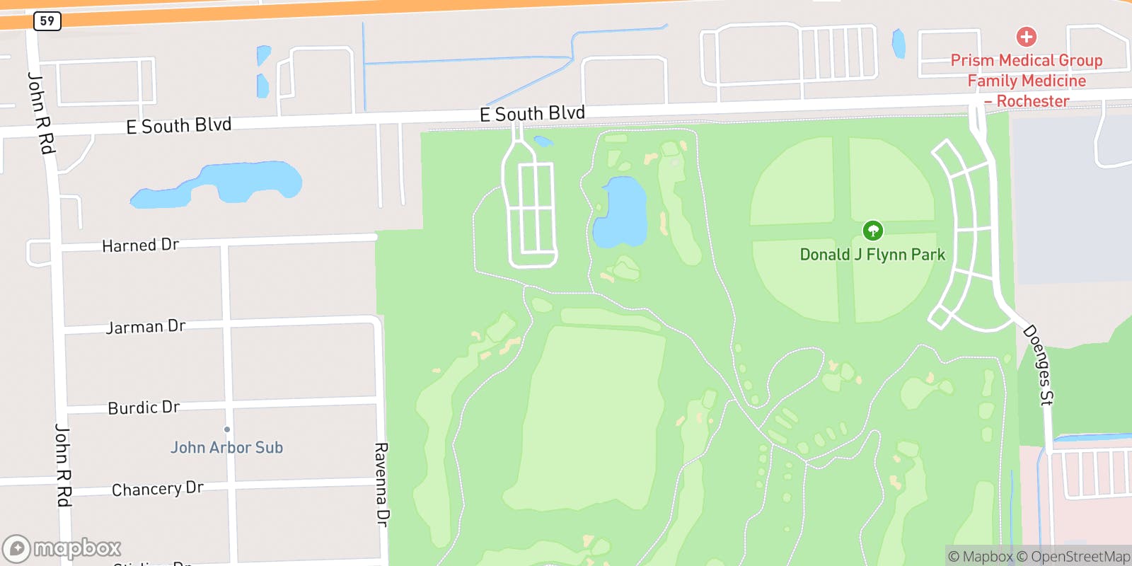 Street map of Sanctuary Lake Golf Course and its local surroundings.