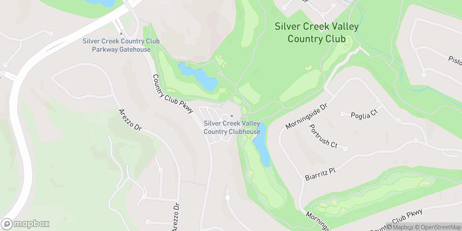 Street map of Silver Creek Valley Country Club and its local surroundings.