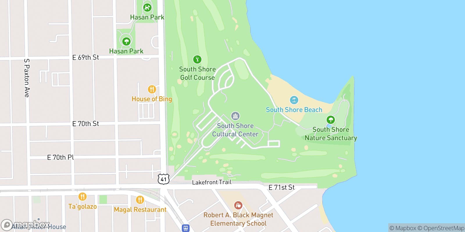 Street map of South Shore Golf Course and its local surroundings.