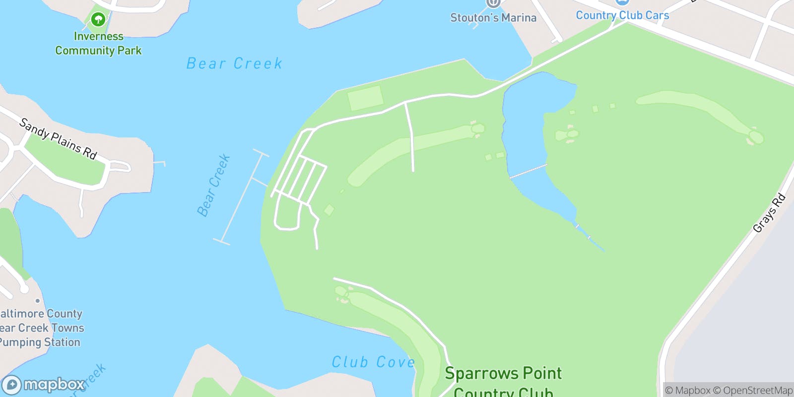 Street map of Sparrows Point Country Club and its local surroundings.