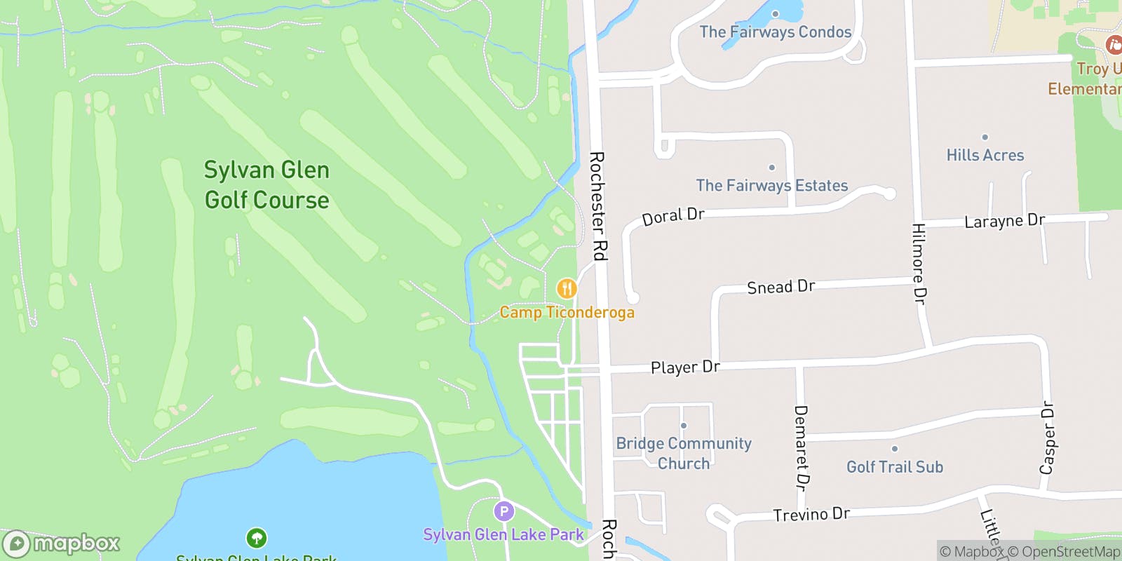 Street map of Sylvan Glen Golf Course and its local surroundings.