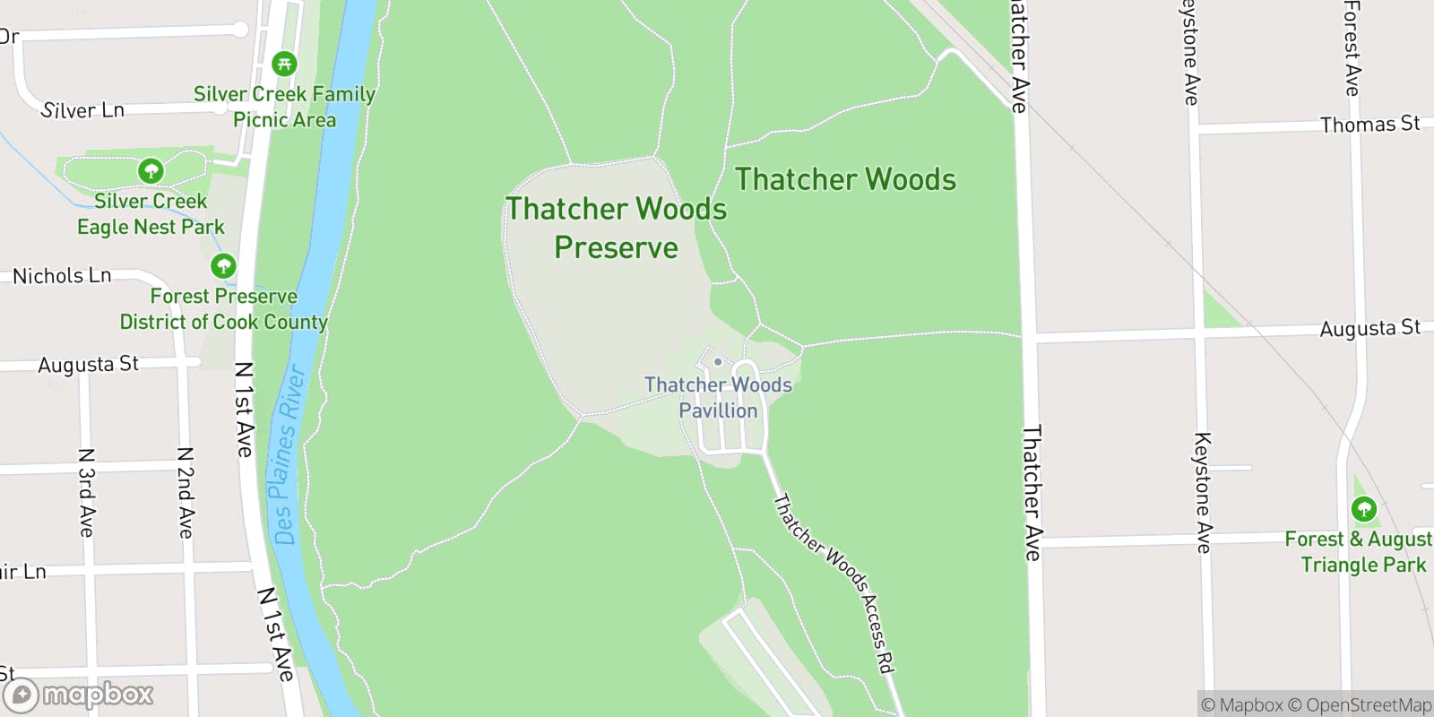 Street map of Thatcher Woods Pavilion and its local surroundings.