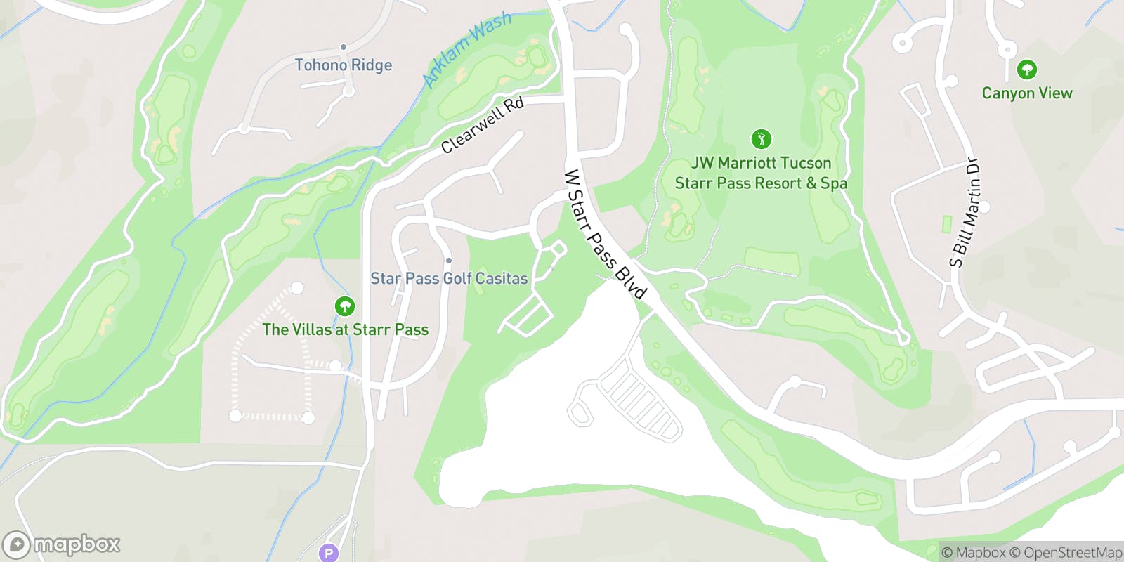 Street map of The Club at Starr Pass and its local surroundings.