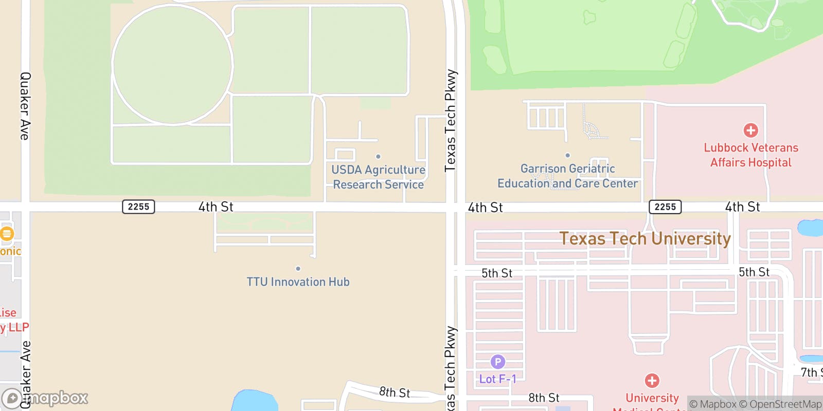 Street map of The Rawls Course at Texas Tech and its local surroundings.