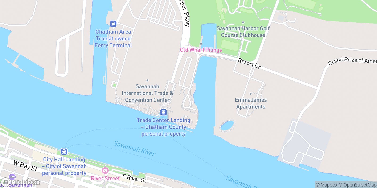 Street map of The Westin Savannah Harbor Golf Resort & Spa and its local surroundings.