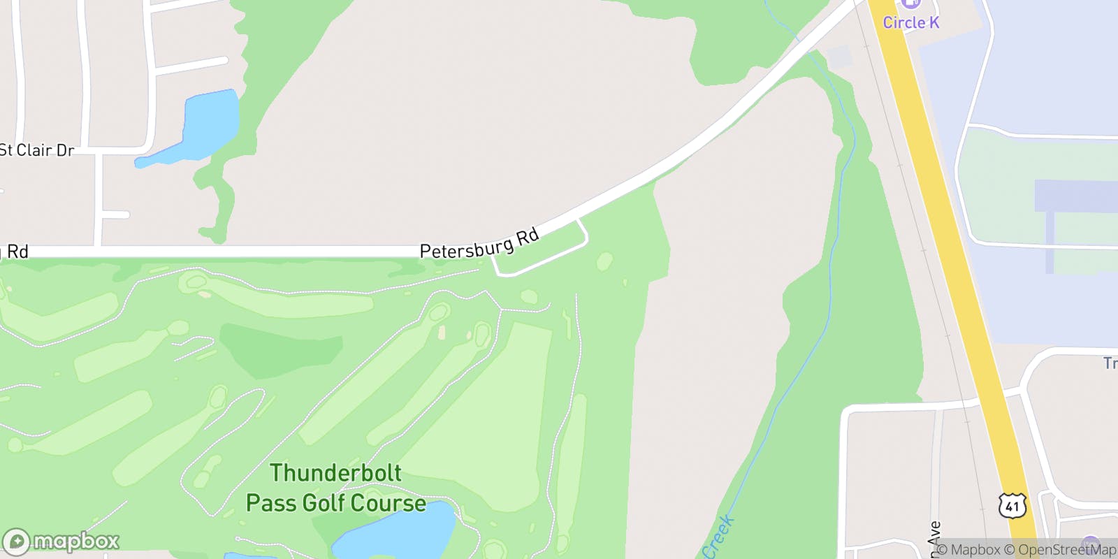 Street map of Thunderbolt Pass Golf Course and its local surroundings.