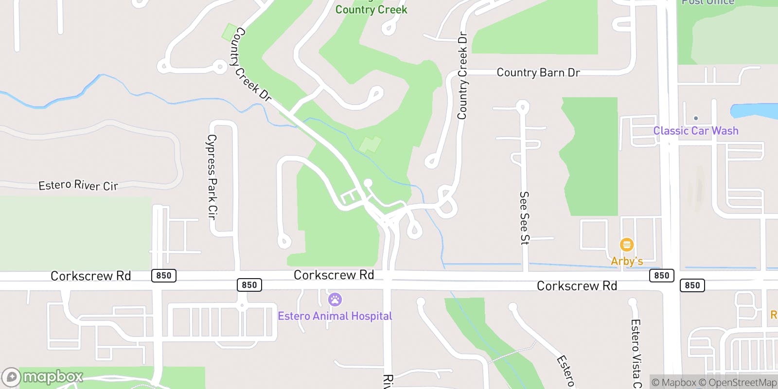 Street map of Villages at Country Creek and its local surroundings.