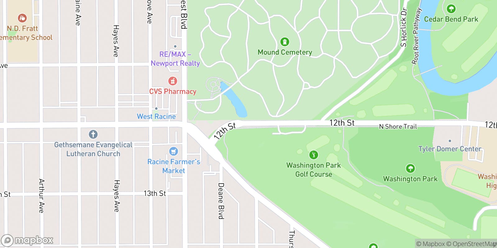 Street map of Washington Park Golf Course and its local surroundings.