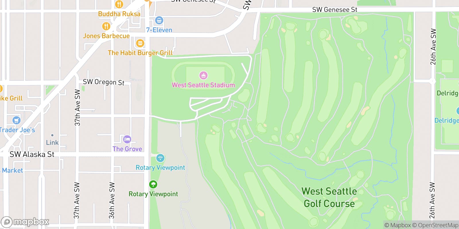 Street map of West Seattle Golf Course and its local surroundings.