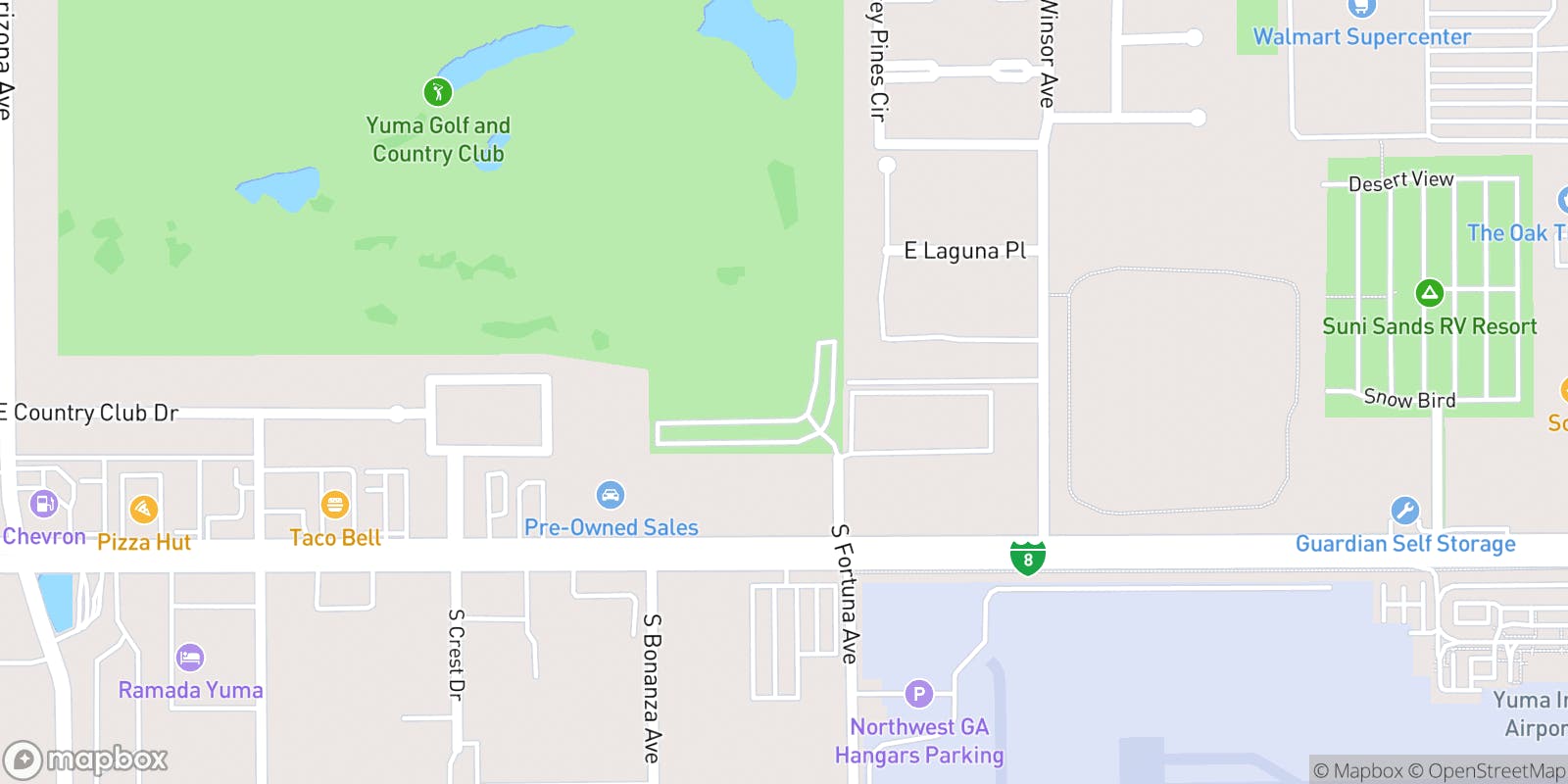 Street map of Yuma Golf & Country Club and its local surroundings.